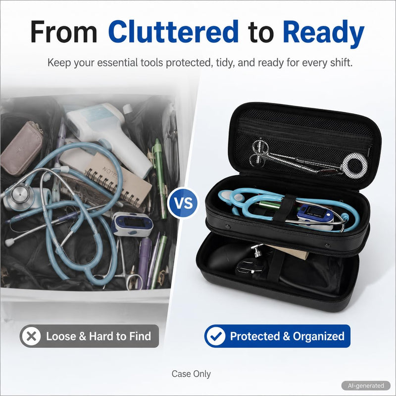 COMECASE Stethoscope Case for Littmann Classic III, Hard Nurse Organizer | Double-Layer Layout Keeps Your Stethoscope, Penlights and Daily Medical Tools Separated for Work Jet Black