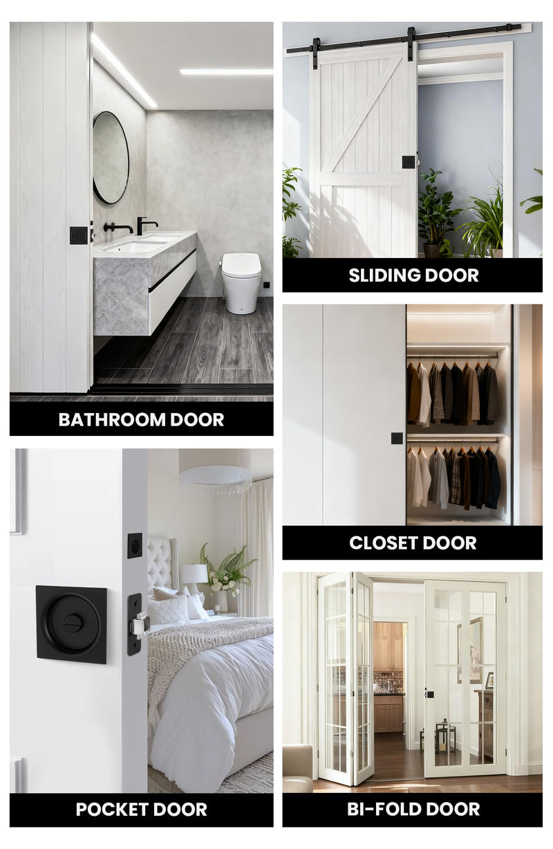 goldenwarm Matte Black Pocket Door Lock with Pull, Square Pocket Door Hardware 2-3/8" Backset, Black Pocket Door Handles 1 Pack 2-3/8” Latch