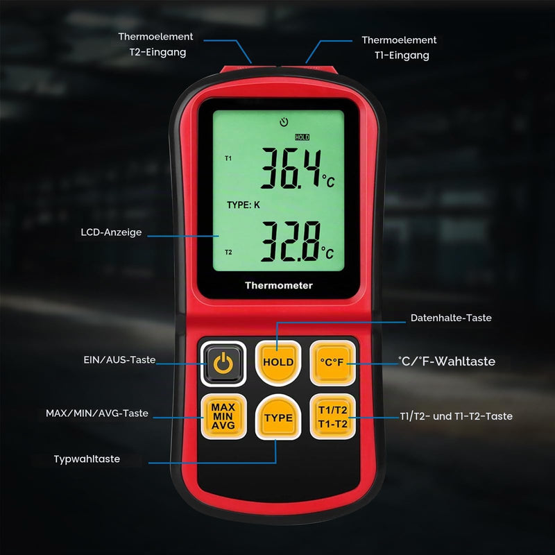 Dual Channel Thermocouple Thermometer, Type K/J/T/E/R/S/N, -150 to 1767 °C (-238 to 3212 °F) Digital Temperature Meter with Backlight Data Hold Function