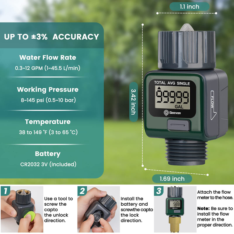 Geevon Garden Hose Water Flow Meter with Brass Inlet Metal Thread, High Accuracy & IPX6 Waterproof for Outdoor Garden Watering, RV Water Tank Filling, Lawn Sprinkler, and Nozzle Sprayer (1 Pack) 1