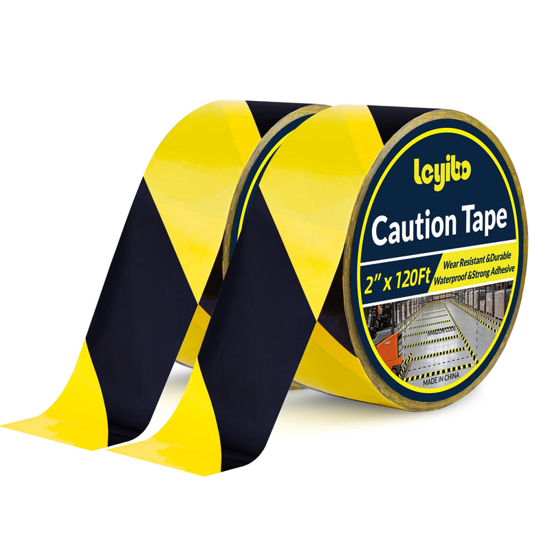 2 Pack x 2 Inch x 120 FT Black & Yellow Caution Tape Roll, Hazard Safety Floor Marking Tape, Strong Adhesive, Waterproof, Wear Resistant for Floors, Walls, Staircases, Equipment, Danger Areas 2" x 120' Black/Yellow