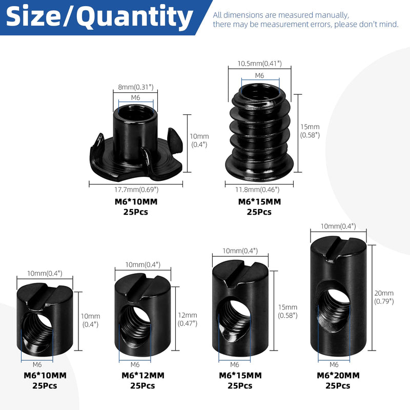 [Australia - AusPower] - Glarks 150pcs M6 x 10/12/15/20mm Black Barrel Cross Dowels Slotted Nut Kit, Includes 100pcs Barrel Nut, 25pcs M6x10mm 4-Pronged Tee Nut, 25pcs M6x15mm Hex Socket Threaded Insert Nuts 150pcs Black Barrel Nut Set 