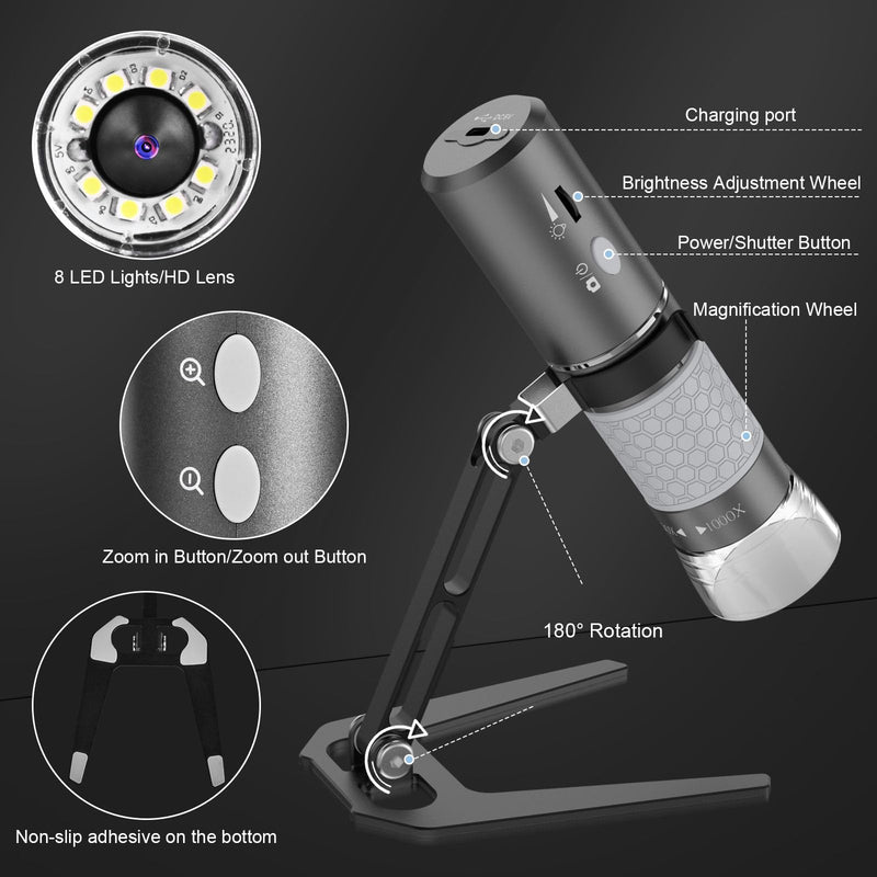 4K WiFi Microscope, Upgraded Stand for iPhone Android PC, 50-1000X USB Digital Microscope, HD Endoscope Camera, Compatible with All Devices, Wide Angle, Long Focal Length, Reliable Service