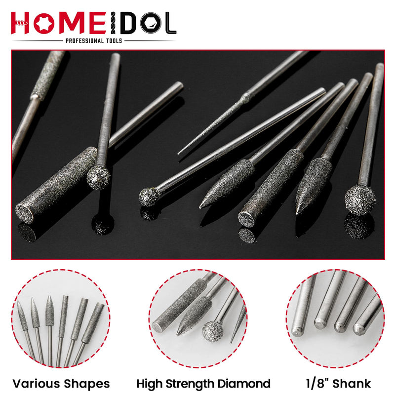 [Australia - AusPower] - Stone Carving Set Diamond Burr Bits Compatible with Dremel, 11PCS Polishing Kits Rotary Tools Accessories with 1/8 Shank for Carving, Engraving, Grinding, Stone, Rocks, Jewelry, Glass, Ceramics 0.5-6mm burr head 1/8'' shank 