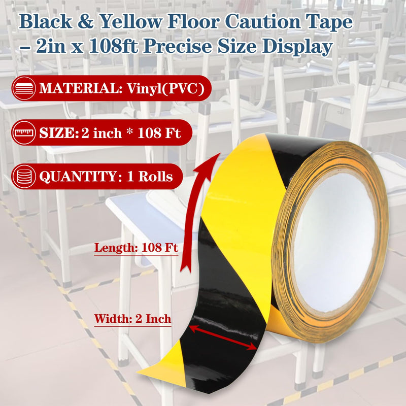 Black & Yellow Caution Tape 2" x108FT Reflective Floor Tape Waterproof, Easy to Apply & Remove, No Residue Safety Tape for Equipment, Danger Zones, Industrial Floor Marking