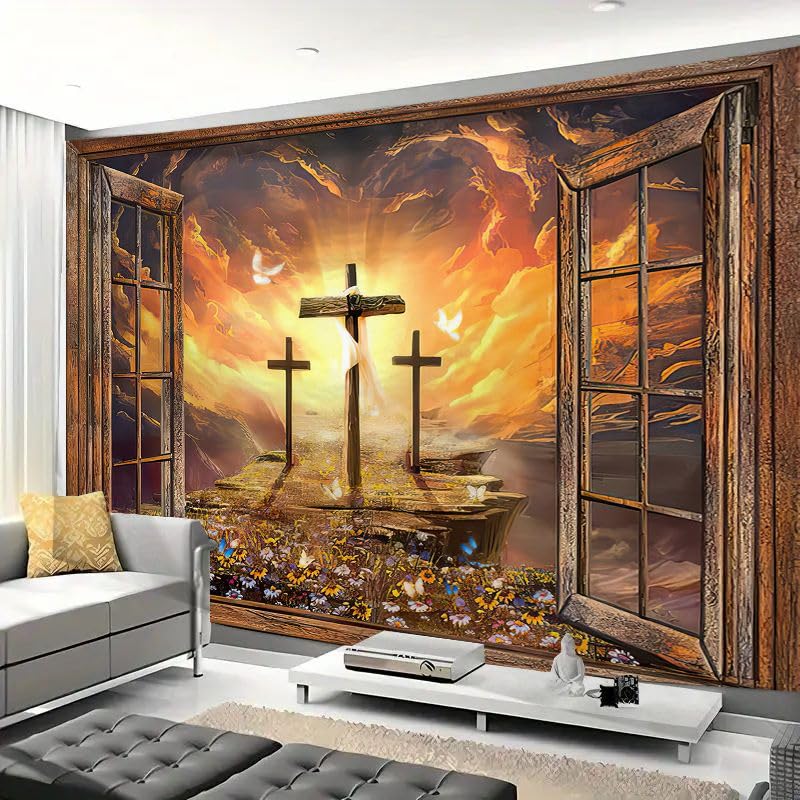 FENDROM Jesus Christ Cross Sunrise Tapestry Sunset Sepulcher Lord Pray Easter Crucifixion Religious Belief Wall Hangings Decor Large Tapestry for Bedroom Living Room Dorm College Church Man Cave 59"L x 51"W