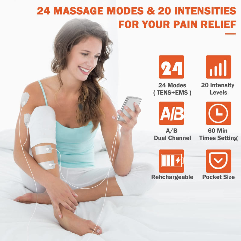 [Australia - AusPower] - DOMAS TENS Unit Muscle Stimulator,Electric Shock Therapy for Muscles Dual Channel Electronic Pulse Massager with 24 Modes Physical Therapy Equipment for Pain Relief Silver 