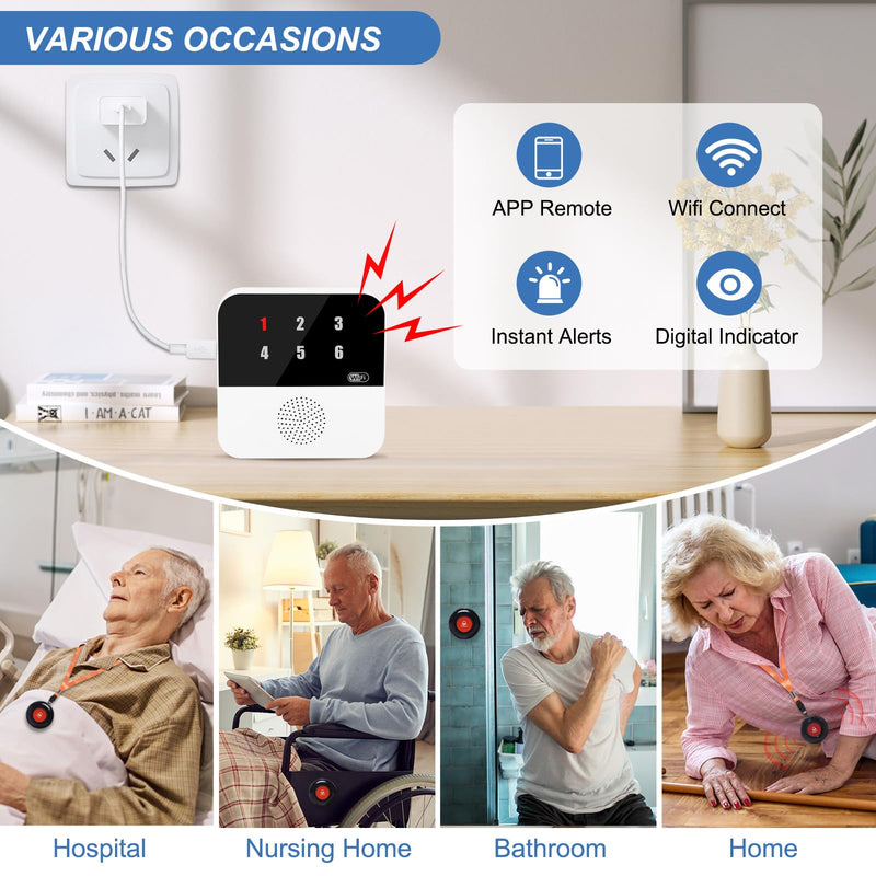 [Australia - AusPower] - WiFi Smart Wireless Caregiver Pagers for Elderly Alert Button That Calls Cell Phone Caregiver Alert System with LED Number Display 2 SOS Call Button 1 Receiver(Only Supports 2.4GHz & No Monthly Fee) 2 Button & 1 Receiver 