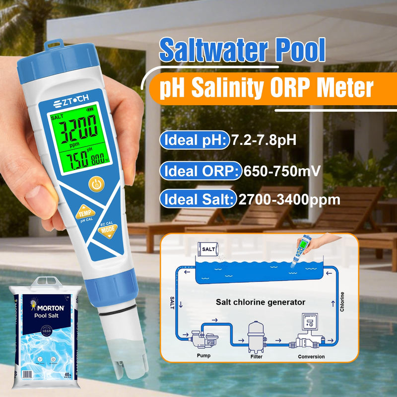 pH Chlorine Tester, 8 in 1 pH&Salt Meter for Saltwater Pool, Hydrogen Water Tester, Digital pH H2 Salinity ORP Chlorine EC TDS Temp Meter for Hydrogen Water Bottle, Hydroponic, Aquarium