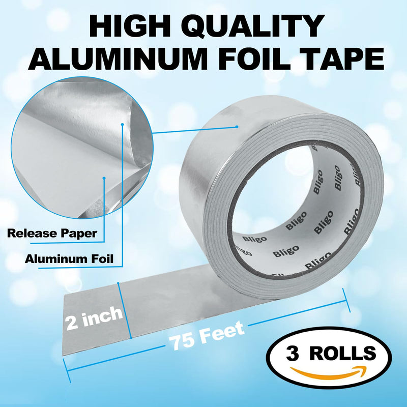 3 Pack Aluminum Foil Tape 2 Inch x 225 Feet Total, Heavy Duty Waterproof HVAC Tape, High Temperature Resistant Metal Tape for Ductwork, Dryer Vent, Pipe Insulation, Sealing & Patching 2 inch x 75Ft x 3-Pack