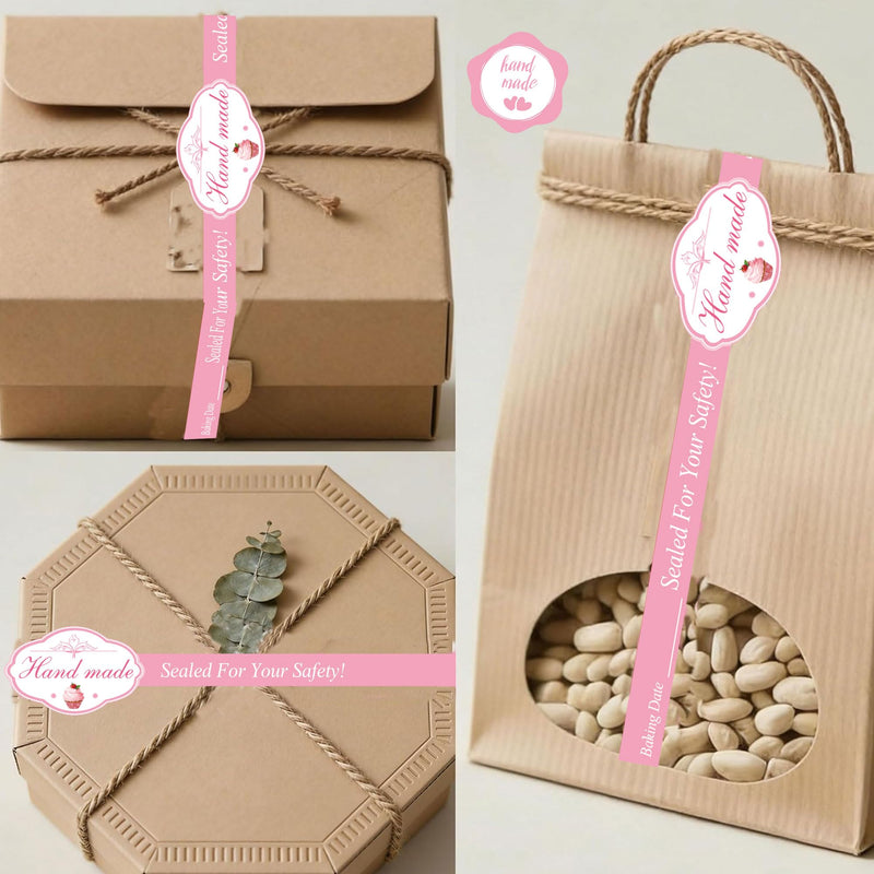 100 Pcs Handmade Food Retail Package Seal Labels 9x1'' Safe Secure Tamper Evident Labels 100Pcs Handmade Food Baking Label with 1.75 '' 100Pcs Hand Made Stickers for Cake Dessert Box Packaging Pink