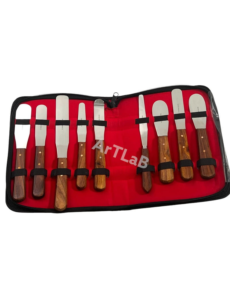 [Australia - AusPower] - ArTLaB Premium Stainless Steel Lab Spatulas with Wooden Handle Stainless Steel Blades Set of 9 -Dental Mixing Spatula Plastic Alignate Mixing Wooden Hanlde 