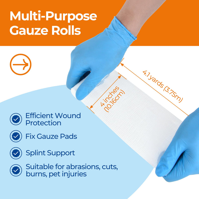 [Australia - AusPower] - 24 Pack Gauze Roll Bandages, Conforming Stretch Gauze Bandage Non-Sterile, Individually Wrapped 4" x 4.1yds Includes Medical Tape, Premium First Aid Supplies and Wound Dressings 4" x 4.1yds 24rolls 