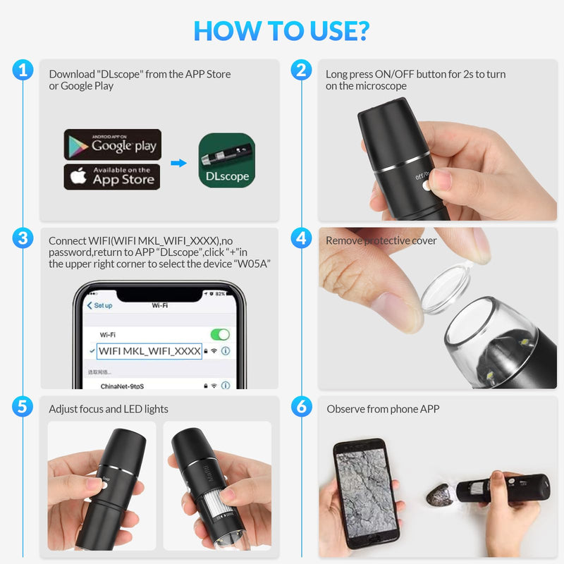 [Australia - AusPower] - Handheld Digital Microscope Wireless Portable for Kids Adults 50x-1000x Magnification with 360 Rotate Stand Compatible with iOS/Android iPhone, iPad 