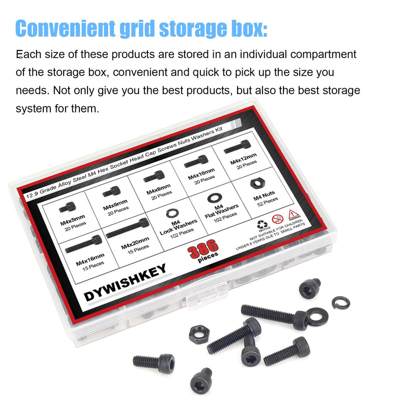 [Australia - AusPower] - 386 Pieces M4 Black Screws, 12.9 Grade Alloy Steel M4x 5/6 /8/10 /12/16 /20mm Hex Socket Head Cap Screws Bolts Nuts Washers Assortment Kit 