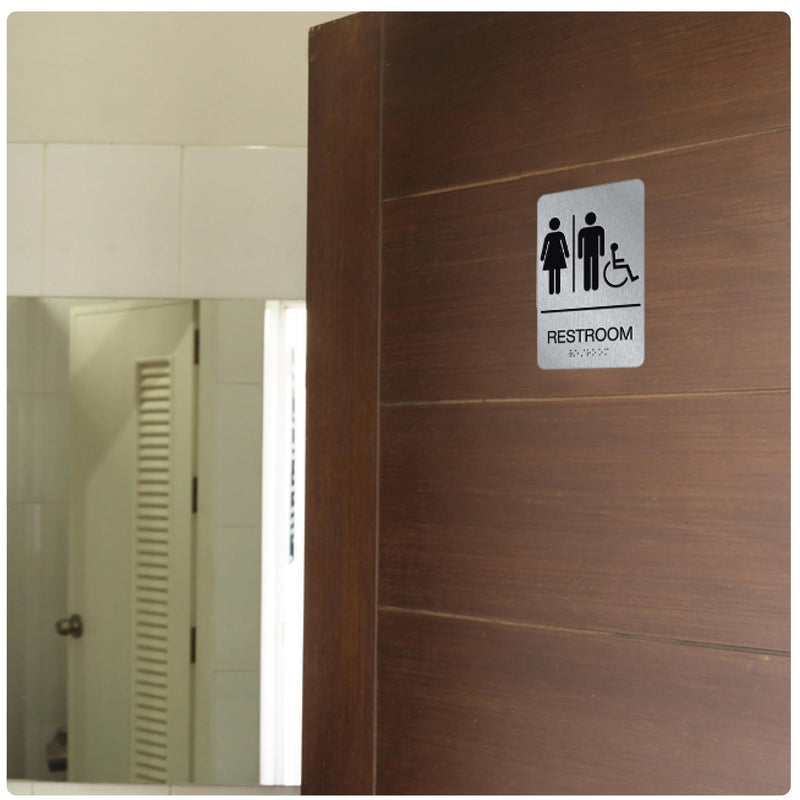 ADA Braille Unisex Handicap Restroom Signs for Business with Double Sided 3M Tape (Pack of 4) - Aluminum Handicap Unisex Bathroom Sign 9” x 6” for Offices and Restaurants Unisex Handicap Aluminum Pack of 4