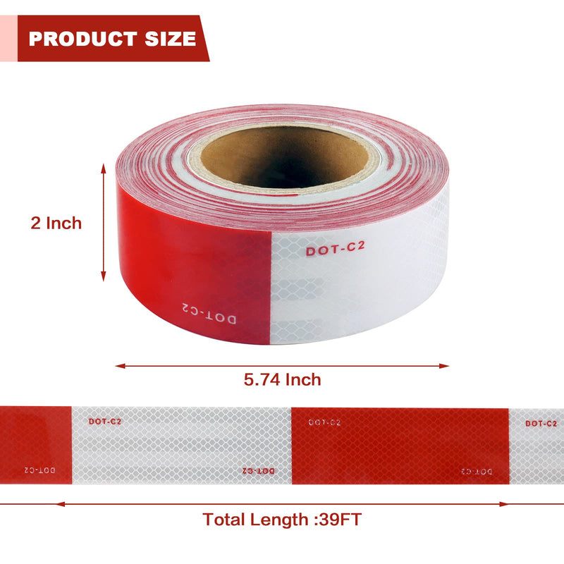 2 Inch x 39 FT Reflective Safety Tape DOT C2 Adhesive Reflector Tape High Visibility Contrast Duct for Outdoor Trailer Cars,Trucks Vehicles,Boats,Signs,Bikes (39FT, RED White) 39FT
