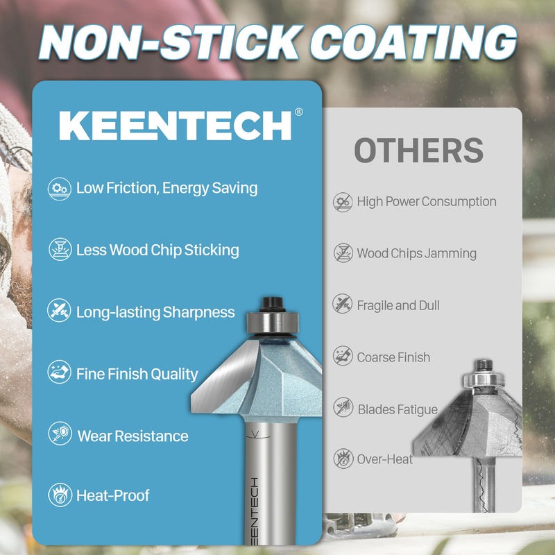 KEENTECH Chamfer Router Bits, 2-1/8" Diameter for Edge Forming, Industrial Grade Carbide Tips for Woodworking (1/2 Inch Shank x 1-1/8 Inch Bevel x 1 Inch Depth) 1/2"(Shank)*1-1/8"(Bevel Length)