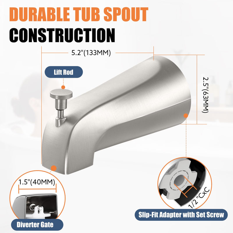 Universal Bathtub Tub Spout with Diverter, Fits 1/2" Slip-Fit Copper Pipe Connection, Pull Down Bathtub Faucet Spout Replacement, Includes Metal Cover Ring (Brushed Nickel) Brushed Nickel