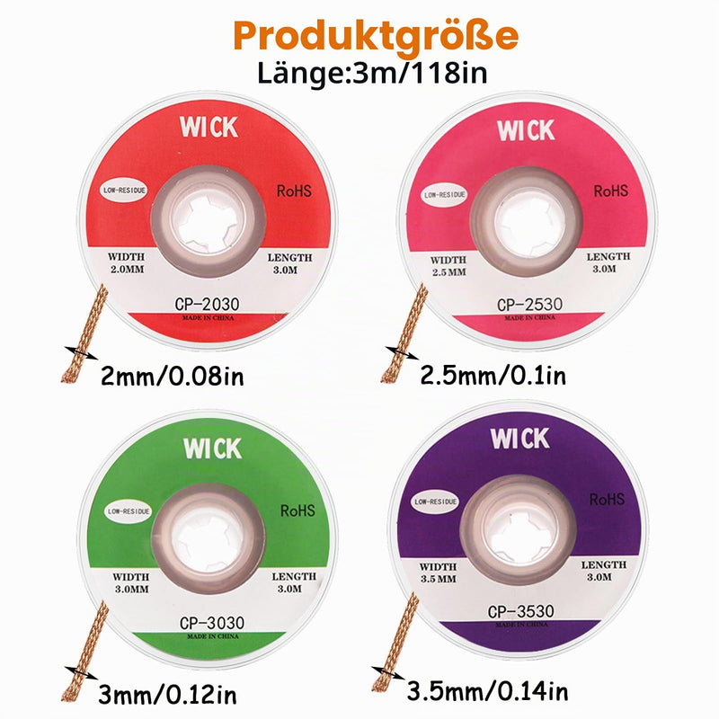 Soldering Wire, 4-Piece Desoldering Braid Set, Copper Desoldering Wire, No-Clean Desoldering Braid, 2 mm, 2.5 mm, 3 mm, 3.5 mm, Removal of Solder for Disassembling Electrical Components