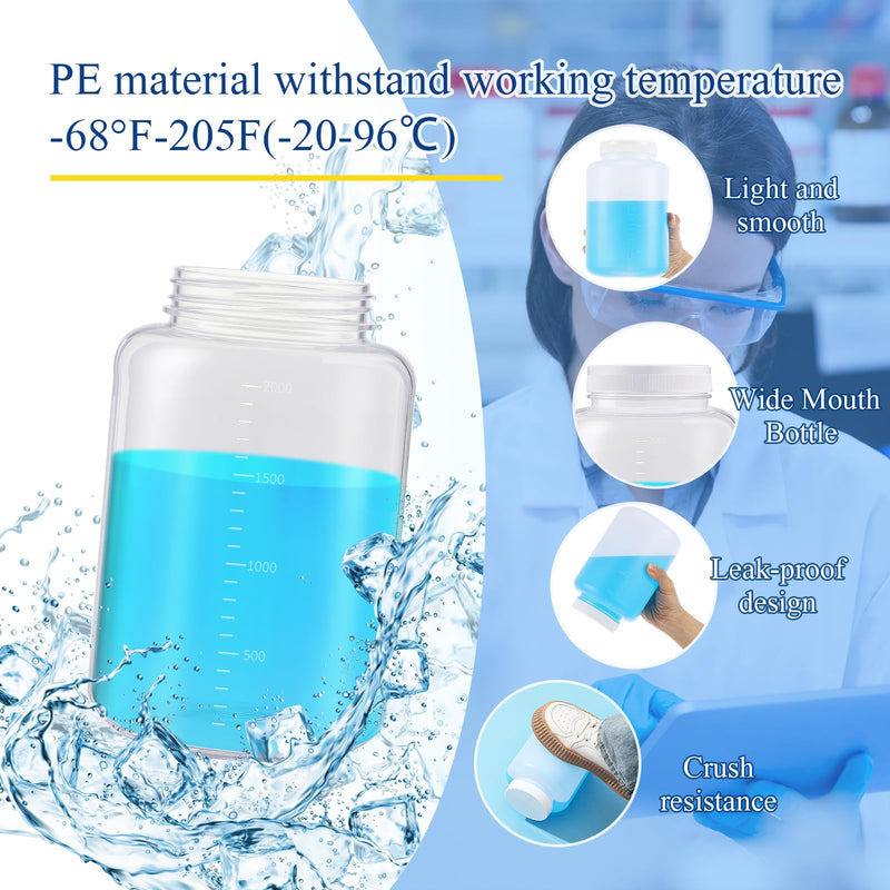 Tatuo 2 Pcs 64 oz 2000ml Polyethylene Reagent Bottle Plastic Sample Bottles with Screw Caps Translucent PE Sample Containers with Lid for Liquids, Laboratory, Storage at Home (Translucent)