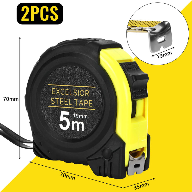 [Australia - AusPower] - Farerkass 2 x Professional 5 m Tape Measure, Imperial and Metric Measurement, with Polymer Protective Layer, Robust Tape Measure with Belt Clip, Automatic Retraction with Quality Spring, Width 19 mm 