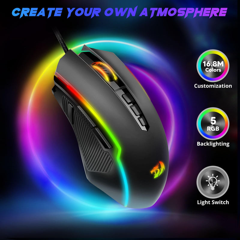 [Australia - AusPower] - Redragon Gaming Mouse, Wired Gaming Mouse with RGB Backlit, 8000 DPI Adjustable, Mouse with 9 Programmable Macro Buttons & Fire Button, Software Supports DIY Keybinds, M910-K Black 