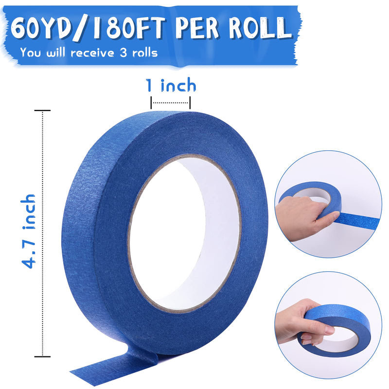 HTVRONT Blue Painters Tape - 1 Inch x 60 Yards x 3 Rolls Masking Tape, Multi-Surface Painters Tape, Paint Tape for Wall, Painting, Craft, Art Supplies, Clean Release Painter's Blue Tape Blue 1 inch x 3 packs