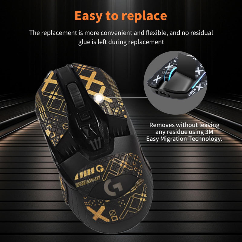 NOUKAJU Mouse Grip Tape for Logitech G903/Logitech G900, Rounded Curved Edges Mouse Feet Skates,Self-Adhesive PreCut Sweat-Resistant Professional Mice Upgrade Kit(Foot pad + Black-Gold Mouse Tape)