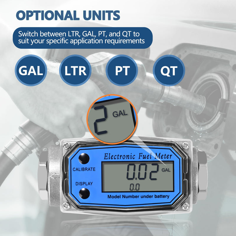[Australia - AusPower] - 1" Turbine Fuel Flow Meter, 2.6-26 GPM Inline NPT Thread Flowmeter with 3/4" Adapters,Digital Fuel Flow Meter,for Kerosene,Biodiesel, Light Chemicals- Supports Gallon, LTR, PT, QT 