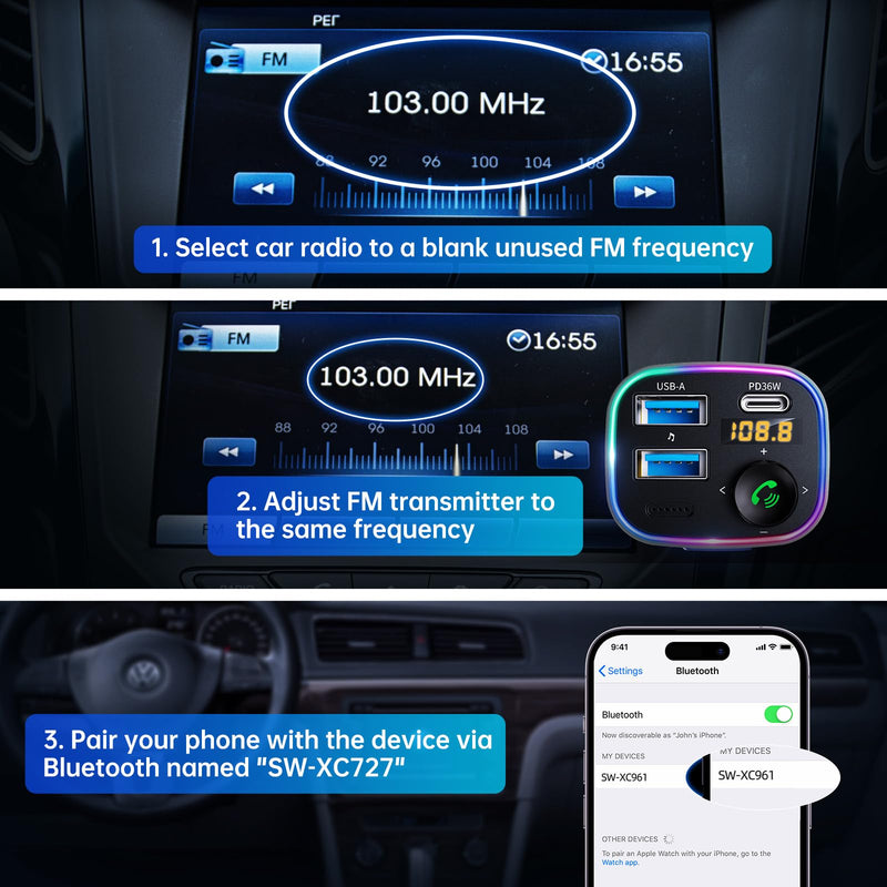 [Australia - AusPower] - Syncwire Bluetooth 5.3 FM Transmitter Car Adapter 48W (PD 36W & 12W) [Light Switch] [Hi-Fi Deep Bass] [Fast Charge] Wireless Radio Music Adapter LED Display Hands-Free Calling Support USB Drive Silver 