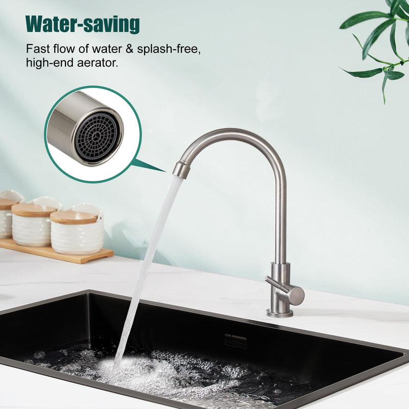 Heyalan Cold Water Only Kitchen Faucet SUS304 Sink Faucets High Arc Gooseneck 360 Degree Rotation Spout Basin Tap with Longer Thread Pipee,Brushed Nickel Brushed Nickel 1