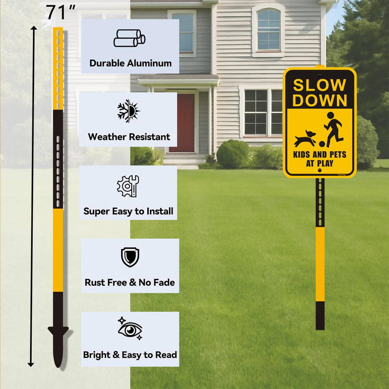 1 Pcs 6 Ft Traffic Road Street Sign Post Stakes Driveway Stand Heavy Duty Metal for Outdoor Lawn Yard Fence Parking Stop Outside Fits Signs 10 to 18 Inch Adjustable Black Yellow Yellow Black-1