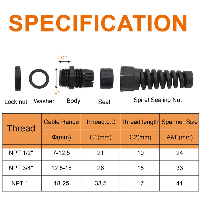 [Australia - AusPower] - 4Pcs NPT 1/2" Black Cable Gland, IP68 Waterproof Nylon Joint Adjustable Locknut Flex Spiral Strain Relief with Gaskets for 7-12mm Cable Range NPT 1/2"-4pcs 
