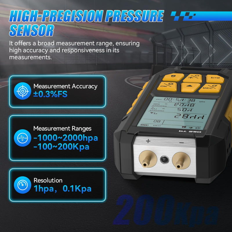 [Australia - AusPower] - PT520 Digital Manometer,HVAC Manometer,Manometer Gas Pressure Tester,-100 to 200Kpa Measurement Range,10 Pressure Measurement Units,Data Locking&Storage 
