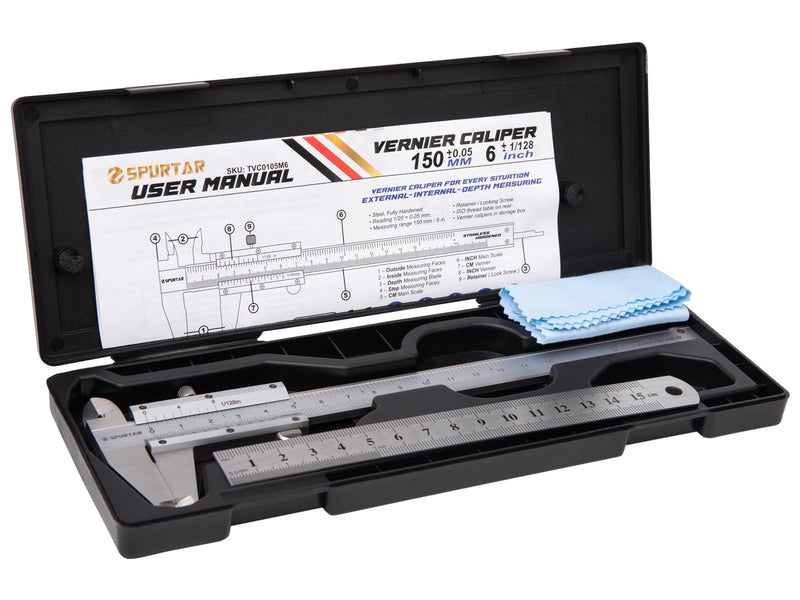 [Australia - AusPower] - Spurtar Vernier Calliper 150 mm Analogue 1/20 Vernier Reading: 0.05 mm Precision Stainless Steel Vernier Caliper Analogue with Locking Screw, Thread Table incl. Case 