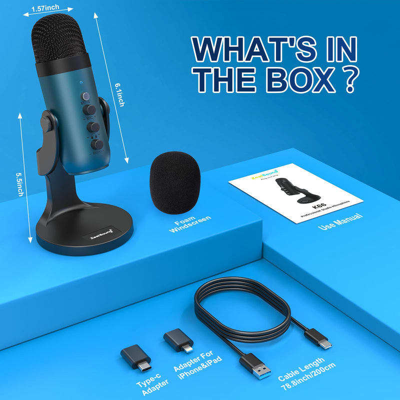 [Australia - AusPower] - ZealSound USB Condenser Microphone,Computer PC Gaming Mic,Plug&Play Microphones for PS 4&5.Monitor Adjust&Volume Control,Mic Gain Control,Mute Button for TikTok,YouTube Podcast on Mac&Windows(Teal) Teal 