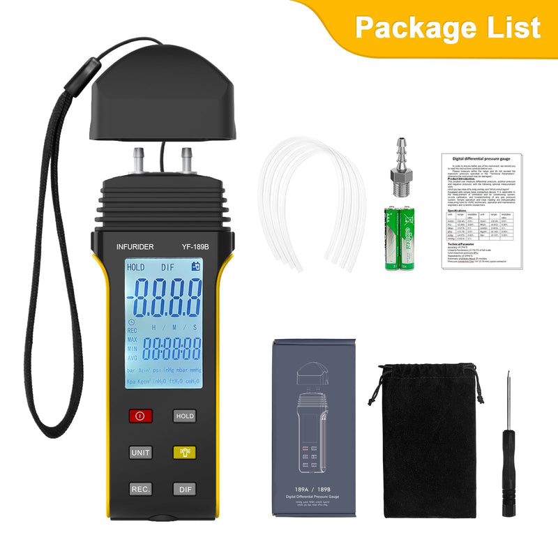 [Australia - AusPower] - Manometer, HVAC Digital Manometer Gas Pressure Tester, Handheld Air Pressure Meter, 11 Optional Units Differential Pressure Gauge YF-189B with Backlight, Data Hold Function… 