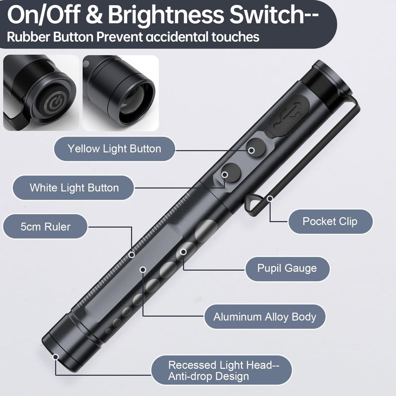 Medical Diagnostic Light, Rechargeable LED Pupil Light with USB Cable, Warm/Cool White & Continuous Dimming, Portable Aluminum Medical Pupil Light with Clip black