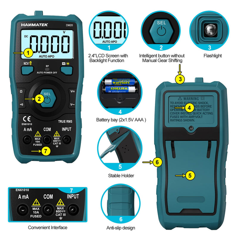 [Australia - AusPower] - HANMATEK Digital Multimeter Auto-Ranging Voltmeter 6000 Counts TRMS Smart Electrical Tester, HANMATEK Stud Finder Wall Scanner Detector with Pro Smart Sensor, Audio Alarm and HD LCD Display, 