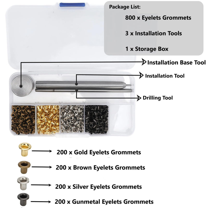 [Australia - AusPower] - Metal Grommet Kit, 800PCS 2mm Mini Grommets Copper Metal Grommet Kit, 4 Colors Eyelets and Leather Grommets Kit with 3pcs Install Tool and Storage Box for Shoes Clothes Bag DIY 
