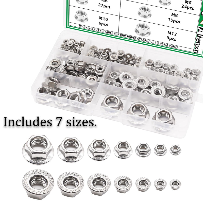 140PCS 7 Metric Sizes 304 Stainless Steel Hex Flange Nuts Assortment Kit -M3, M4, M5, M6, M8, M10, M12 M3-M12 (140PCS)