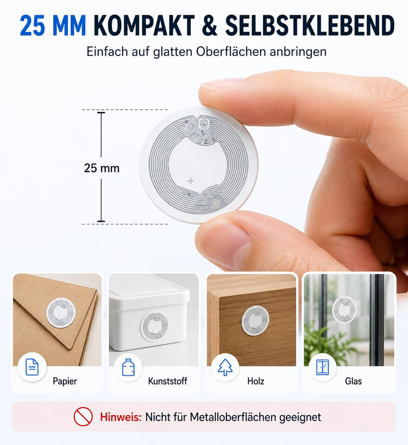 NFC Tag Stickers NTAG215 25 mm White with 504 Byte Memory Pack of 30 | Programmable NFC Sticker, Rewritable Chip Sticker for iPhone Android Smart Home WiFi 215