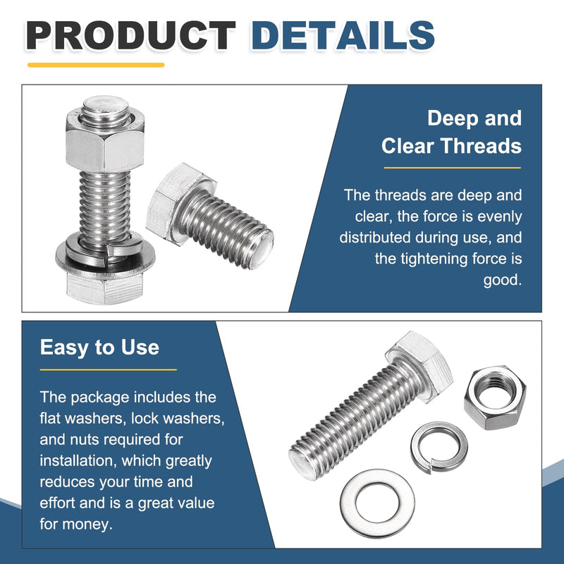 [Australia - AusPower] - MECCANIXITY M10 x 180mm 304 Stainless Steel Hex Head Screws Bolts, Nuts, Flat & Lock Washers Assortment Kit, Fully Threaded, Bright Finish for Home, Electronic, Machine, 2 Sets 