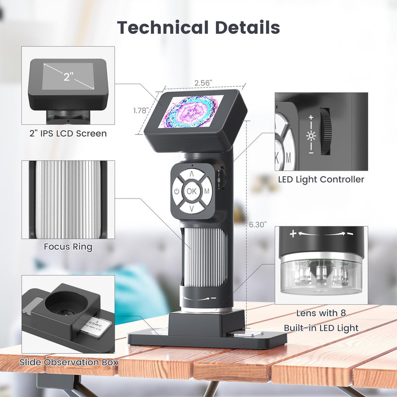 [Australia - AusPower] - Andonstar AD112 Portable Pocket Microscope Kit for Kids and Adults with 2" LCD Screen, Mini Handheld Digital Microscope 500X with 8 Adjustable LED Lights, Windows PC Compatible, 32GB SD Card Included 