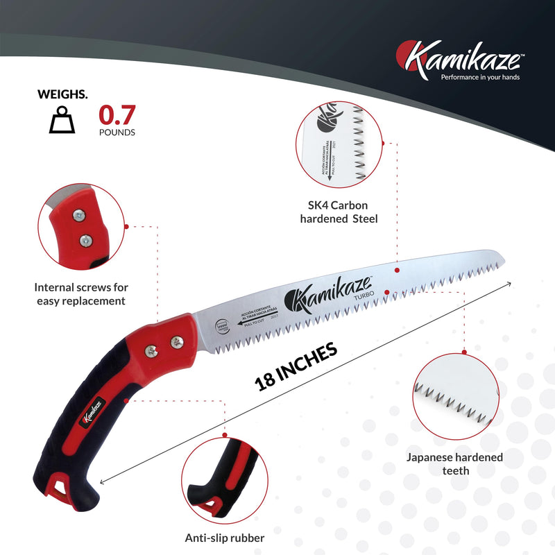 EZ Kut Kamikaze Straight Blade Pruning Saw – 18" Heavy Duty SK5 Carbon Steel – Japanese Pull-Cut Technology – Ergonomic Anti-Fatigue Grip – Tree Trimming Hand Saw with Scabbard Straight Saw