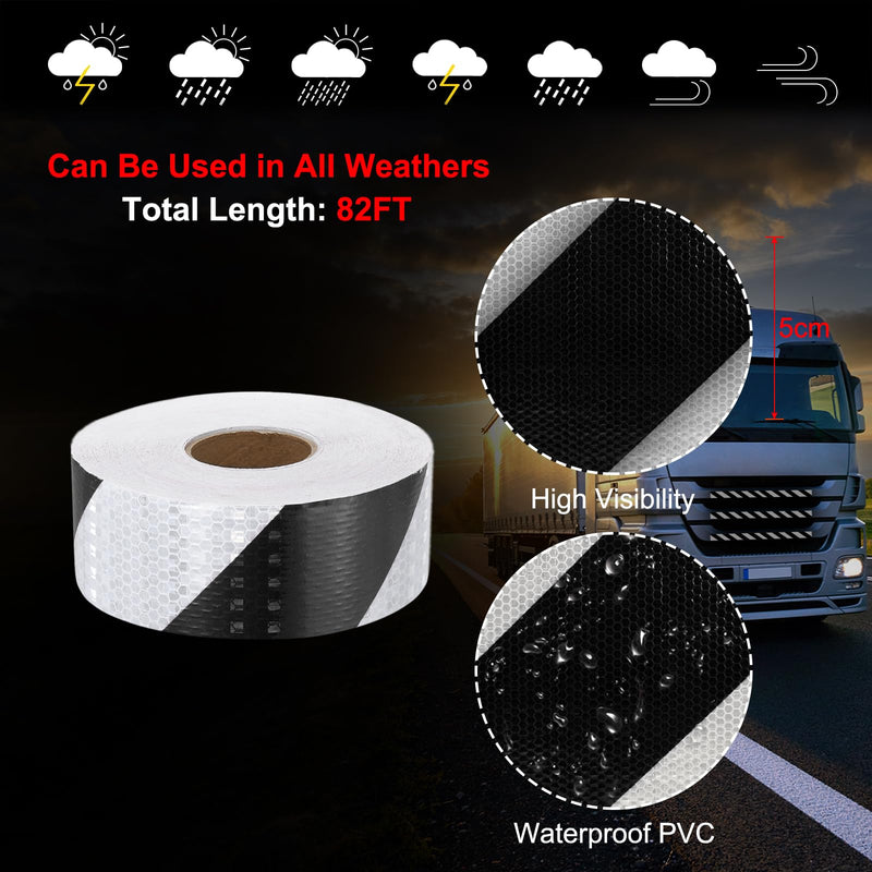 MECCANIXITY Reflective Tape, 2 Inch x 82 ft Warning Safety Sticker Night Reflectors Self-Adhesive Trailer Reflector Twill Tape for Cars Trucks, Black White 2 Inch x 82 Feet