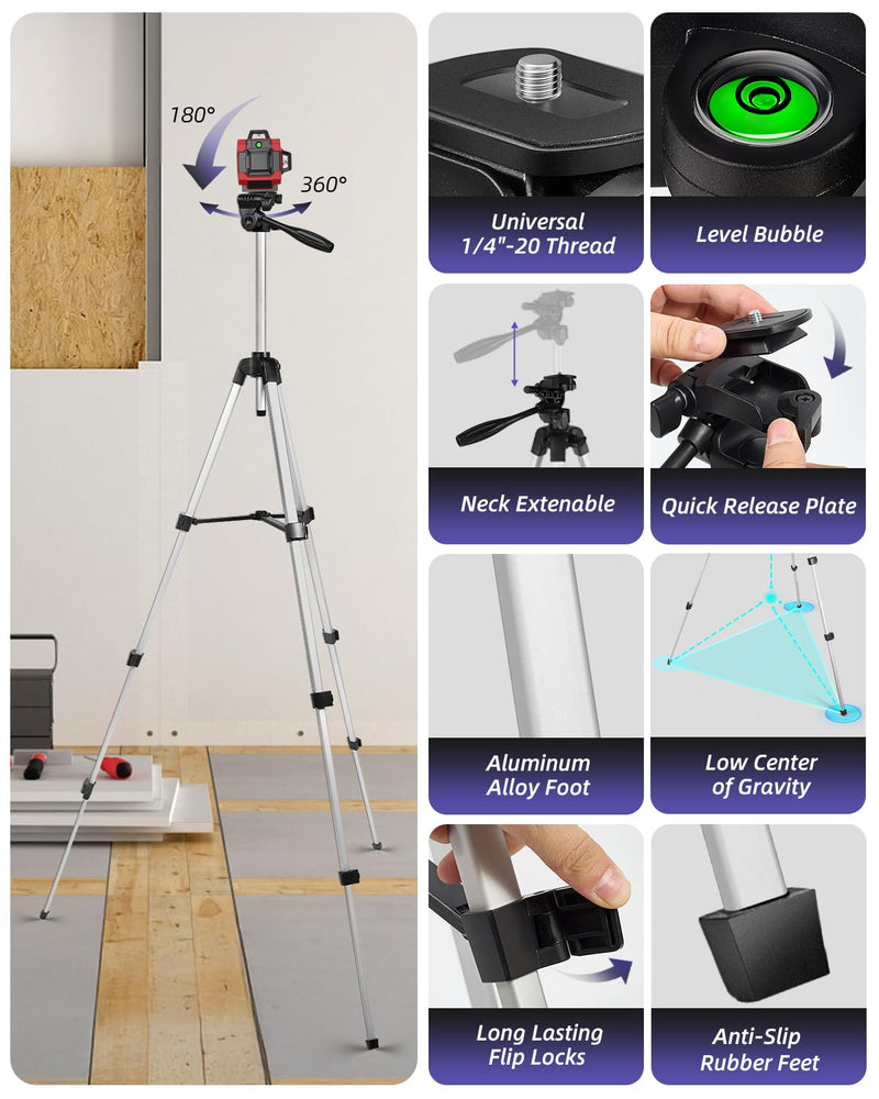 [Australia - AusPower] - 55 inch Aluminum Laser Level Tripod with Green Bubble Level, Lightweight Quick Release Plate, 1/4"-20 Screw, 3D Pan Head for Laser Line Leveling, Silver Silver 55" 