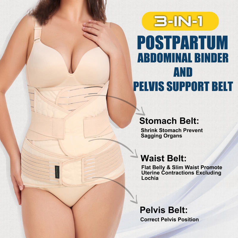 [Australia - AusPower] - ChongErfei 3 in 1 Postpartum Support - Recovery Belly/waist/pelvis Belt Shapewear Slimming Girdle, Beige, L/One Size For Posture Correction Large(One Size) 