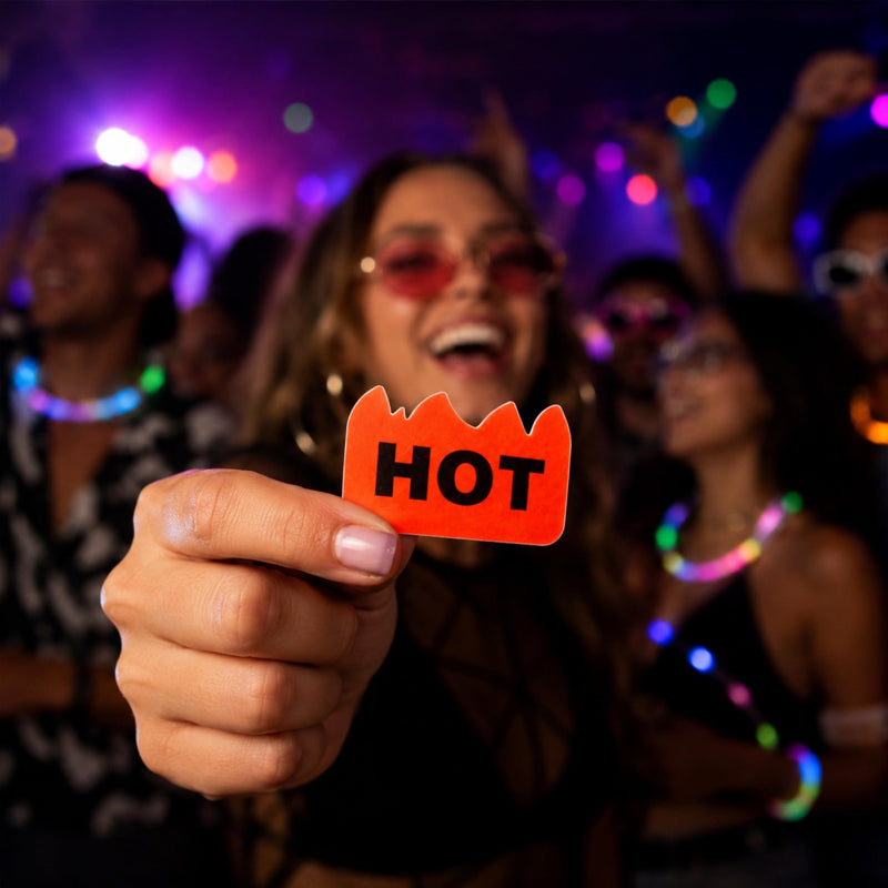 ChromaLabel Hot Stickers, 2 x 1.25 Inch Fluorescent Red Orange Flame Labels, 500/Roll, Rave Hot Stickers for Parties, Festivals, Events, Hot Sauce, Spicy Food & Retail Marking 2" x 1-1/4" Pack of 1